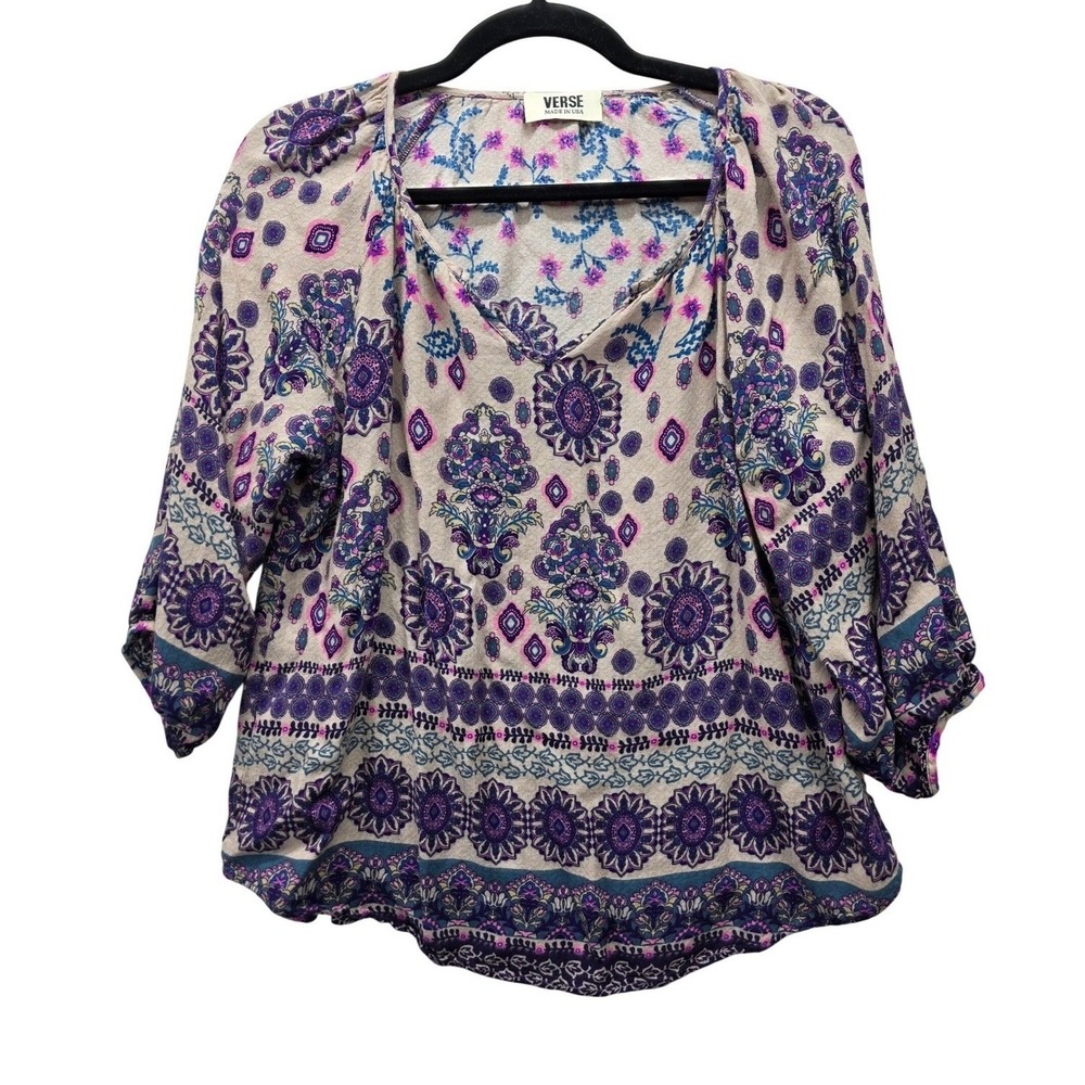 Verse Made in USA Women‎ Large Purple Boho Paisley Rayon V-Neck Blouse